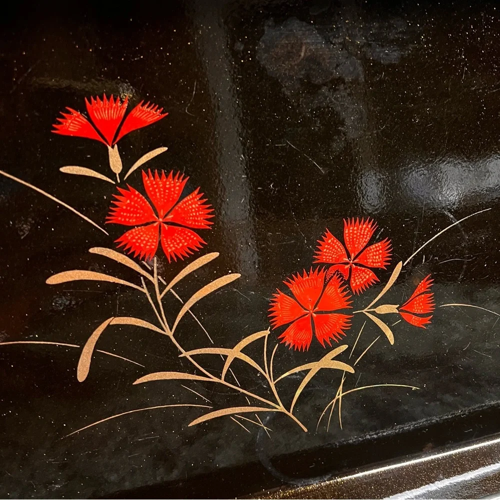 Toyo Black Plastic Tray w/ Red Flower Graphics Gold Trim Asian Faux Lacquerware